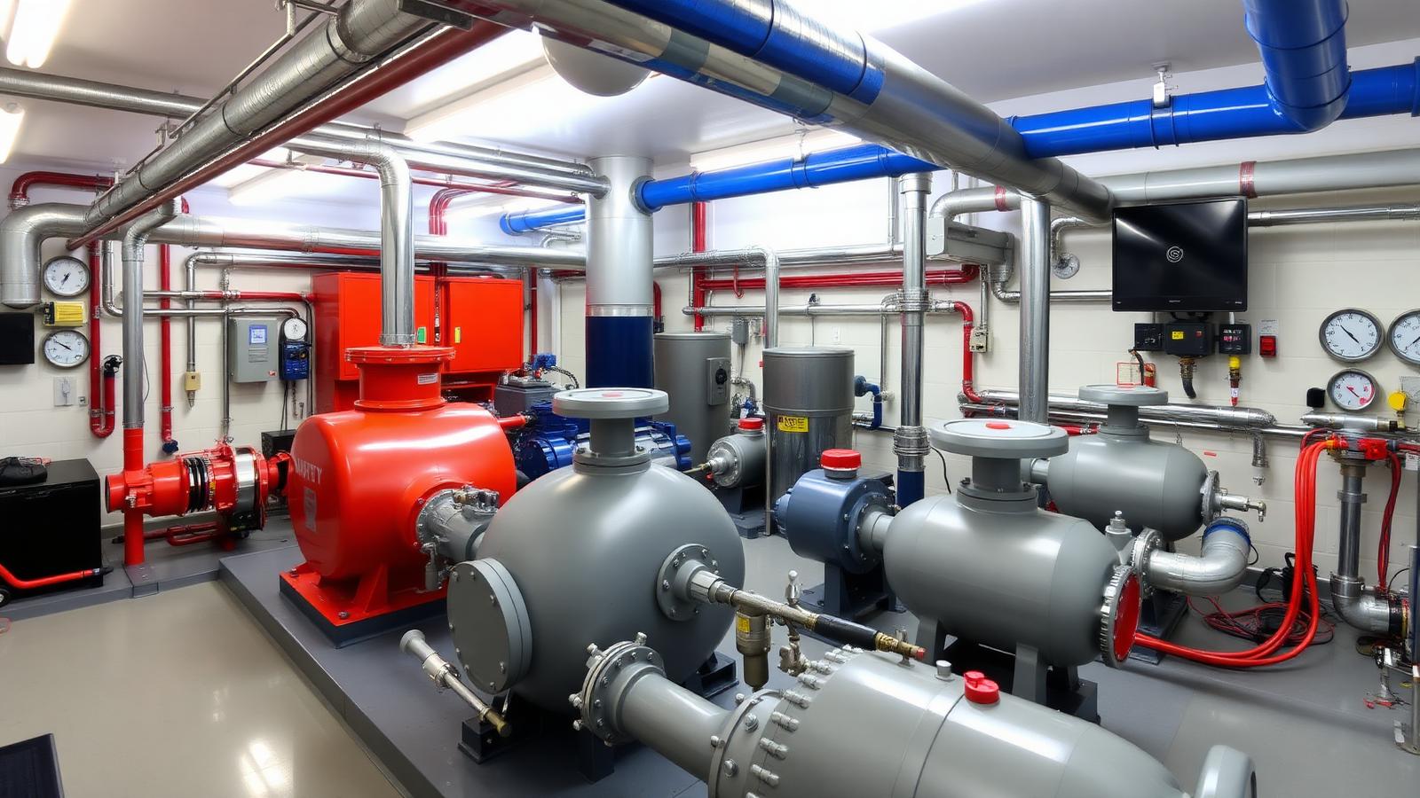 Hospital Plant Room Side Stream Filtration — Commercial plant room with pumps, pipework and side stream filtration equipment