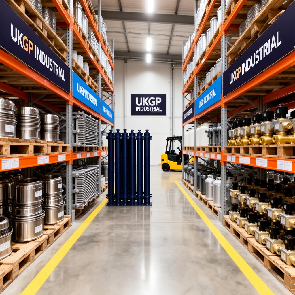 UKGP Industrial stock room with shelves of pipework components